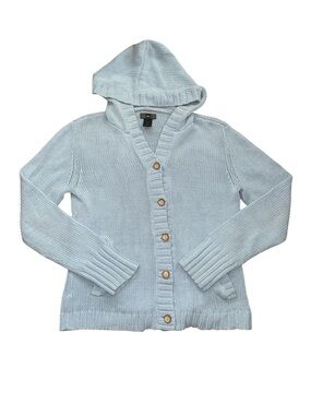 REI blue knit hooded cardigan
